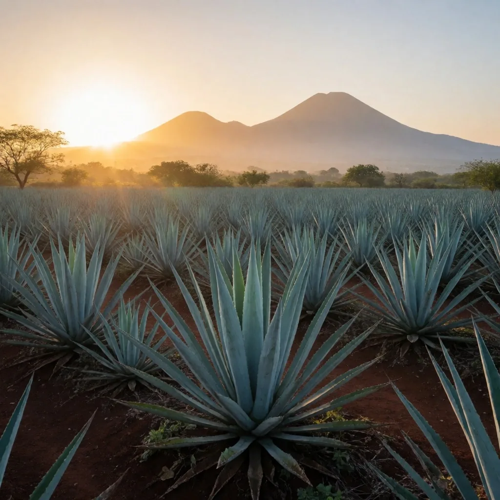 Campo de agave mexicano al amanecer con luz dorada