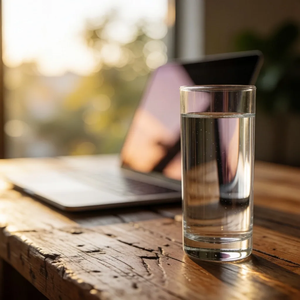 Vaso de agua sobre escritorio junto a una laptop
