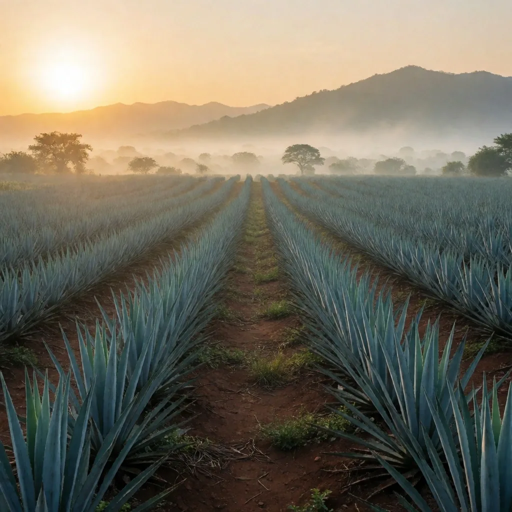 Campo de agave mexicano al amanecer con luz dorada cálida