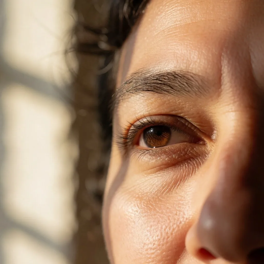 Primer plano de ojos descansados bajo luz matutina cálida