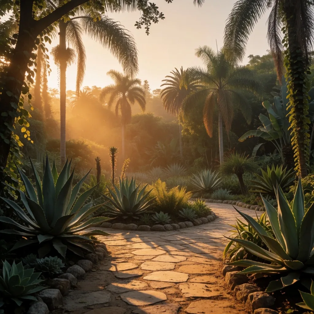 Jardín botónico mexicano al amanecer con luz ámbar cálida
