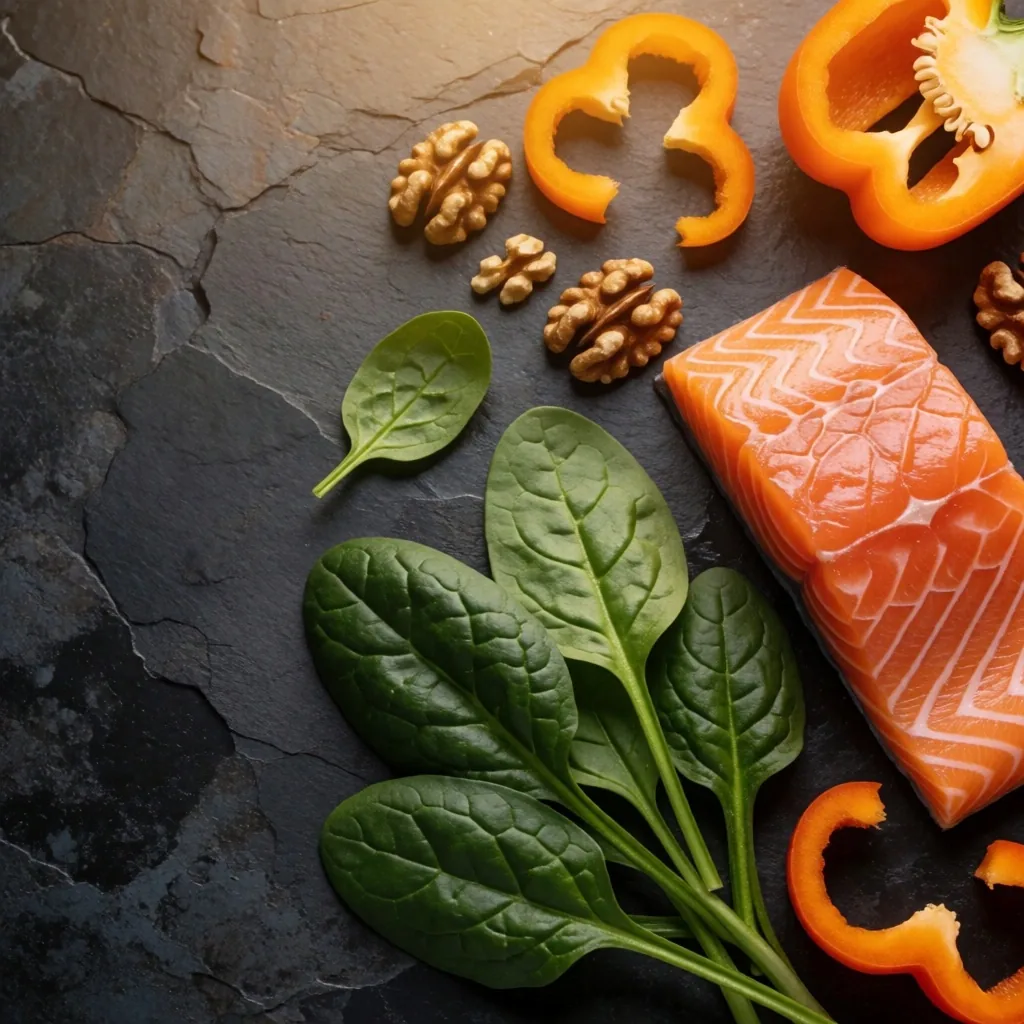 Alimentos ricos en nutrientes para la visión como espinacas, pimientos y salmón